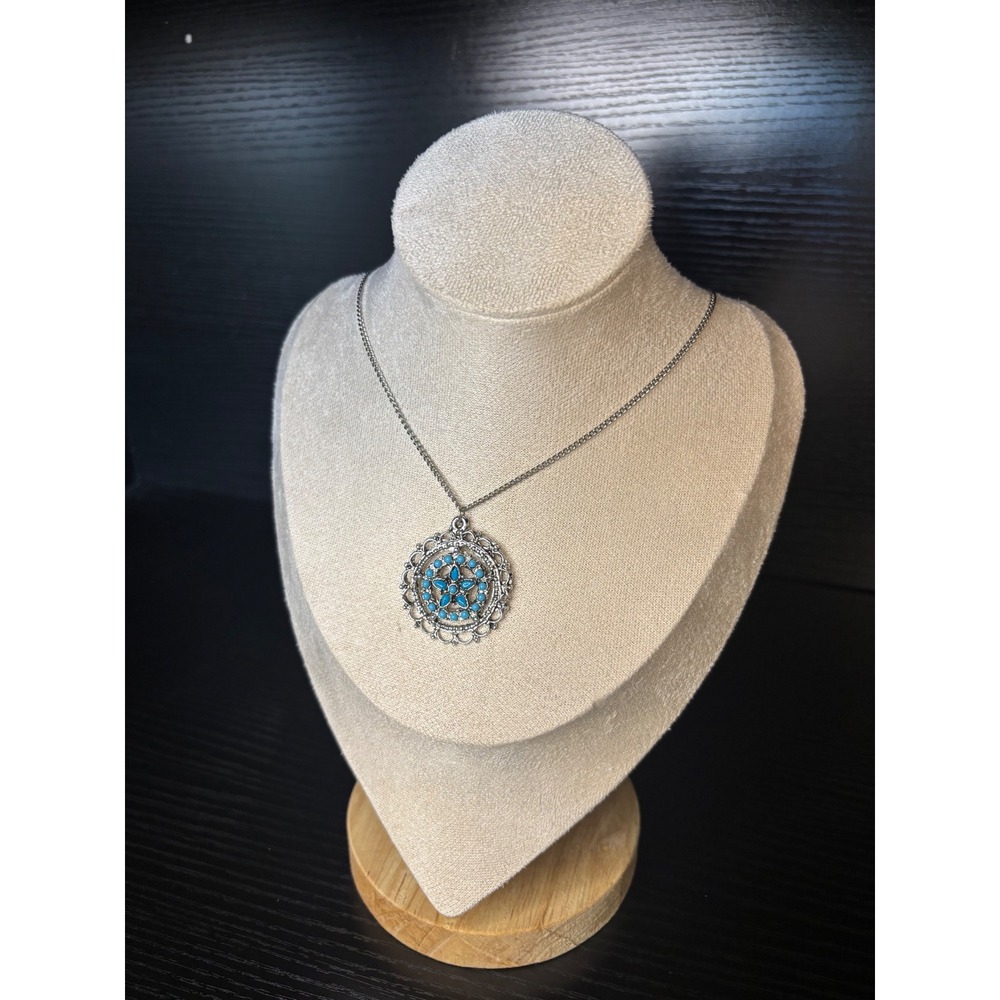 Western‎ Silver Tone Turquoise Star Filigree Medallion Boho Necklace 24 Inch